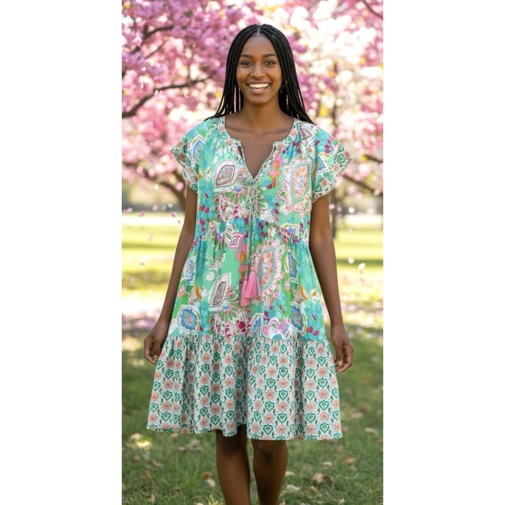 Sage & Fig NEW womens bright floral tassle v-neck boho hippie peasant dress sz M